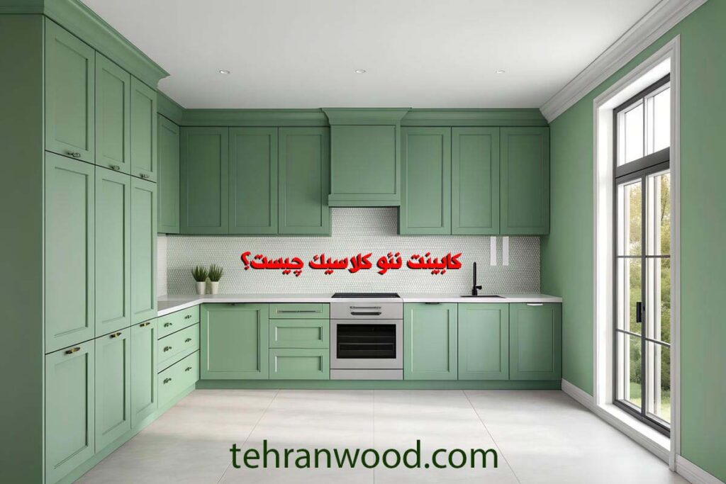 نمایش یک آشپزخانه با کابینت نئو کلاسیک سبز زیتونی