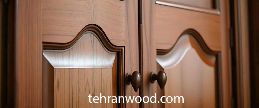 نمای نزدیک از درب کابینت رنگ پلی اورتان به رنگ چوب طبیعی